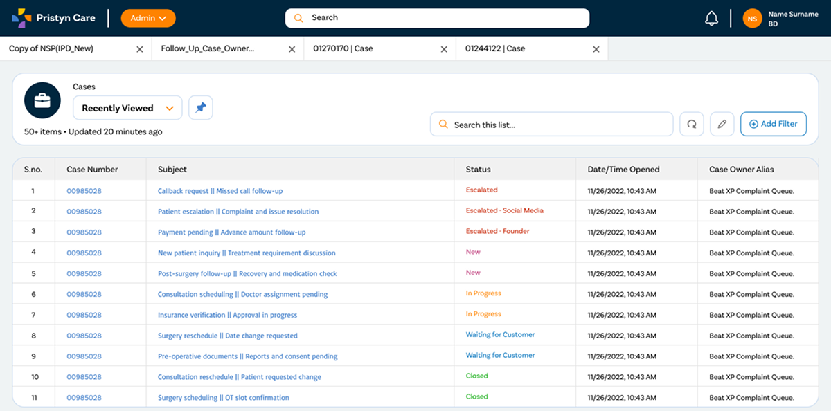 CRM main dashboard