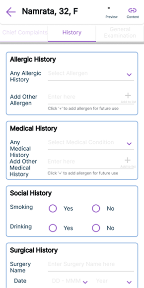 EMR section navigator — Examination active